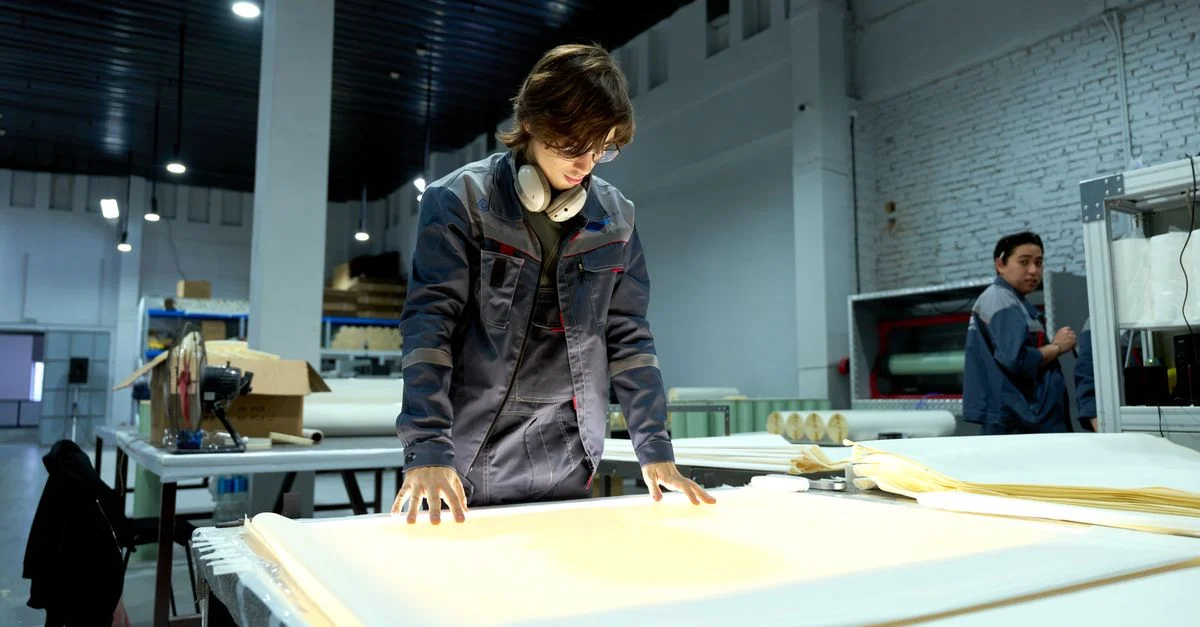 Un ouvrier en uniforme examine des feuilles de papier dans un environnement d'usine très éclairé, en se concentrant sur la qualité.