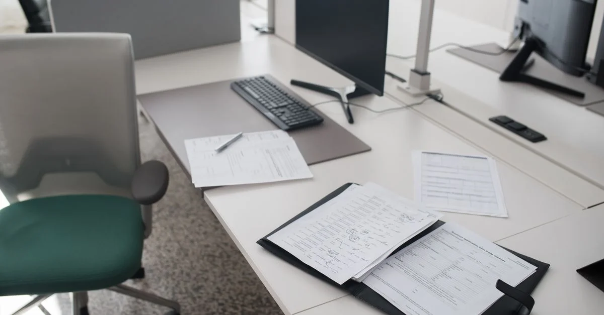 Un bureau de bureau propre et organisé avec des documents, un ordinateur et une chaise dans un espace de travail moderne.