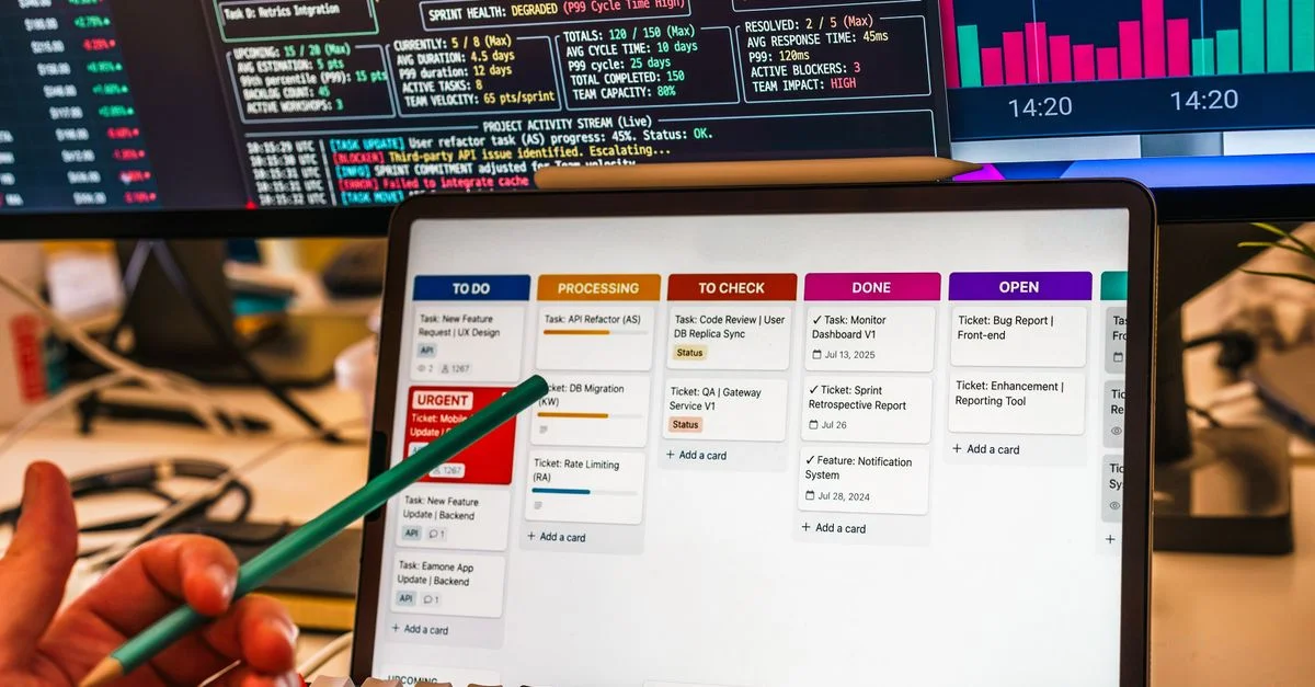 Vue détaillée d'un flux de travail d'entreprise configuré avec une tablette et plusieurs écrans affichant des graphiques de données.